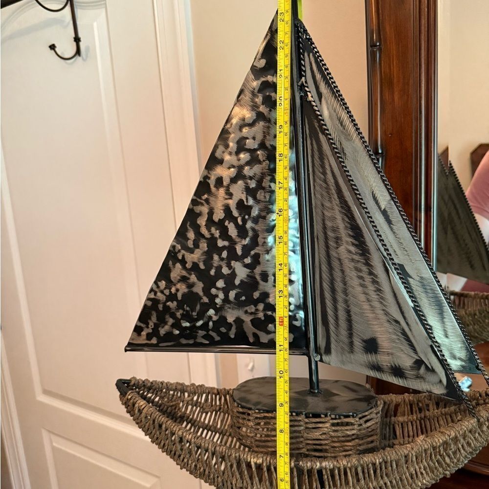 Extra large Decorative Sailboat Metal and Rattan Basket Sculpture Collectible - Picture 7 of 14